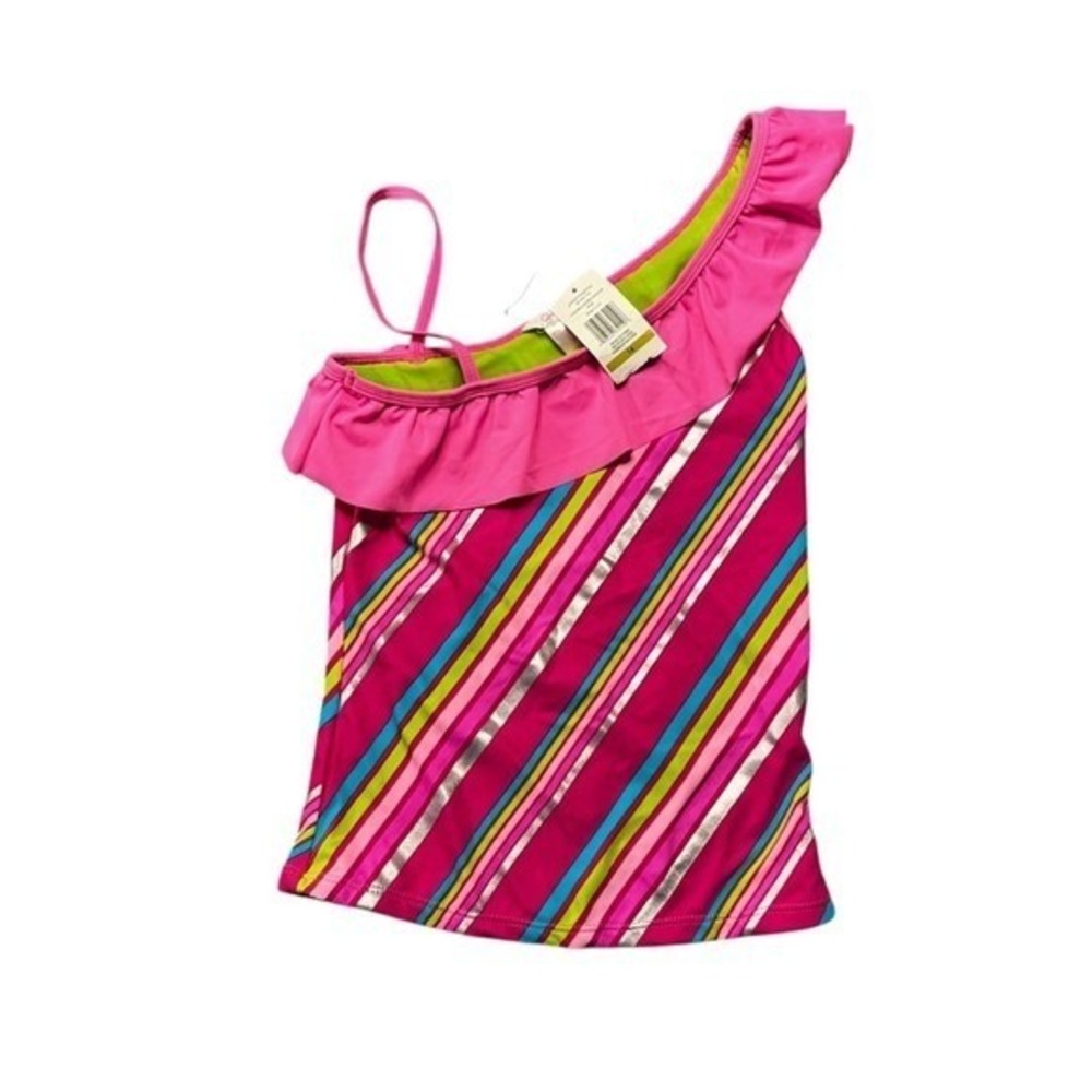 Jessica Simpson Girls Pink Striped Ruffle One Shoulder Tankini Swim Top Beach